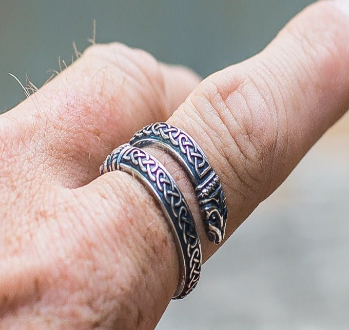 Jormungand Ring with Viking Ornament Sterling Silver Viking Ring