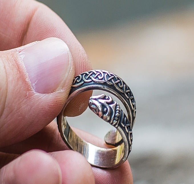 Jormungand Ring with Viking Ornament Sterling Silver Viking Ring