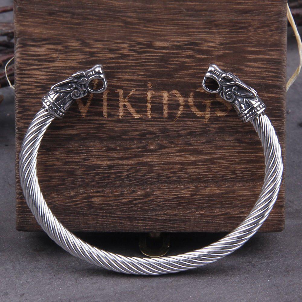 Knotwork Wolves of Ragnarok Geri & Freki Torc Bracelet | Stainless Steel