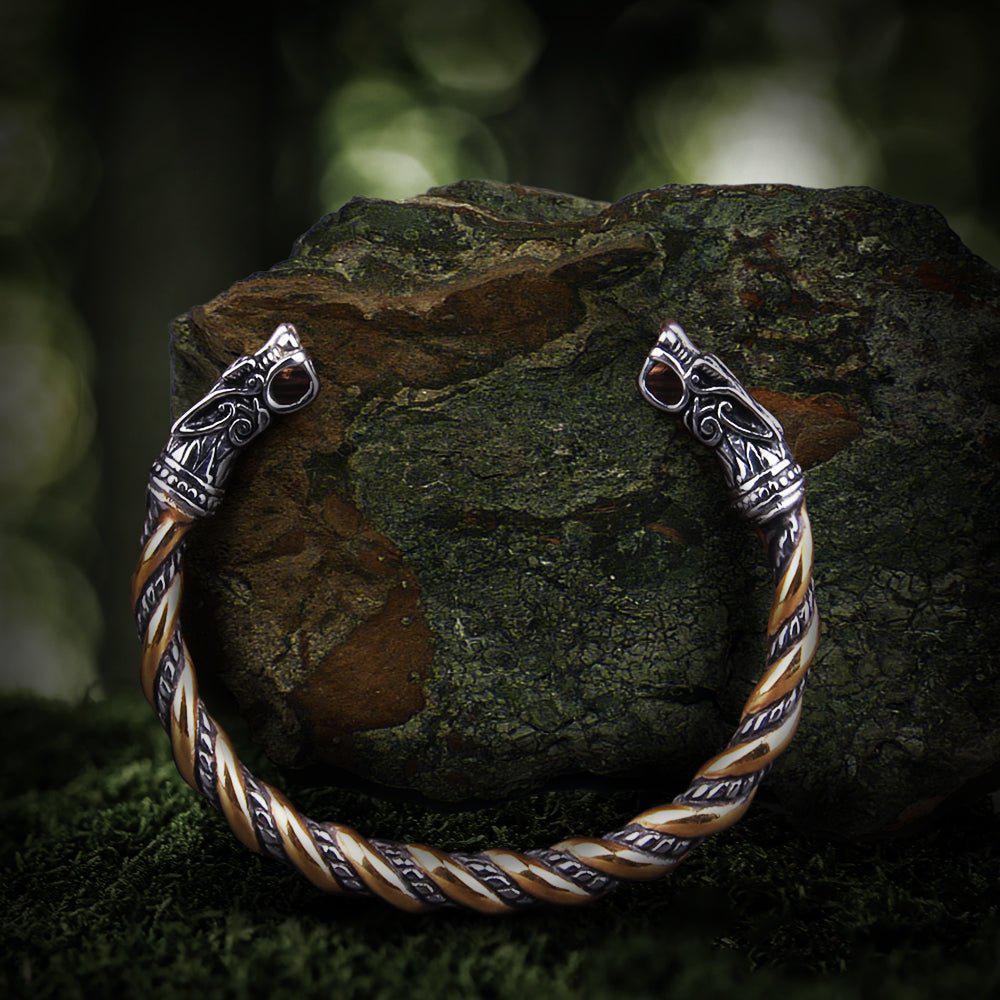 Knotwork Wolves of Ragnarok Geri & Freki Torc Bracelet | Twisted Gold & Steel