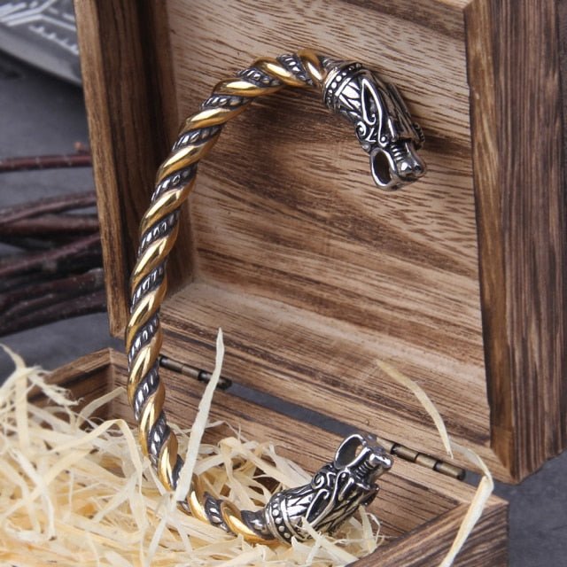 Knotwork Wolves of Ragnarok Geri & Freki Torc Bracelet | Twisted Gold & Steel