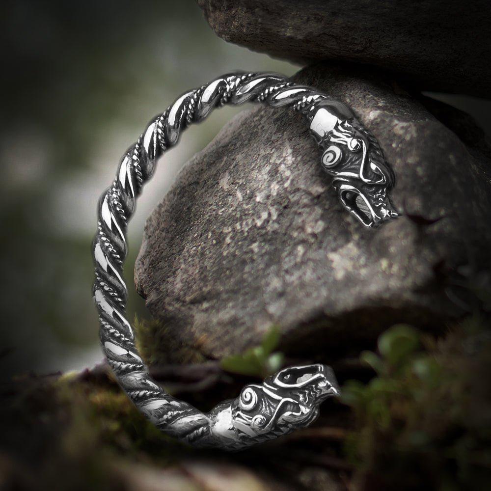 Knotwork Wolves of Ragnarok Geri & Freki Torc Bracelet | Stainless Steel