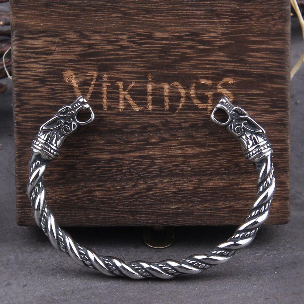 Knotwork Wolves of Ragnarok Geri & Freki Torc Bracelet | Stainless Steel