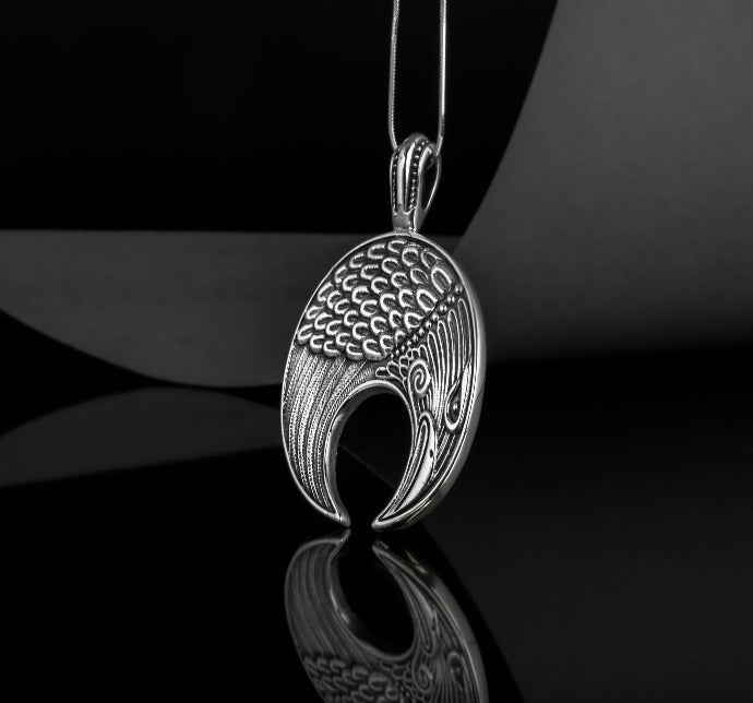 Lunula Pendant Sterling Silver Female Necklace with Raven Symbol