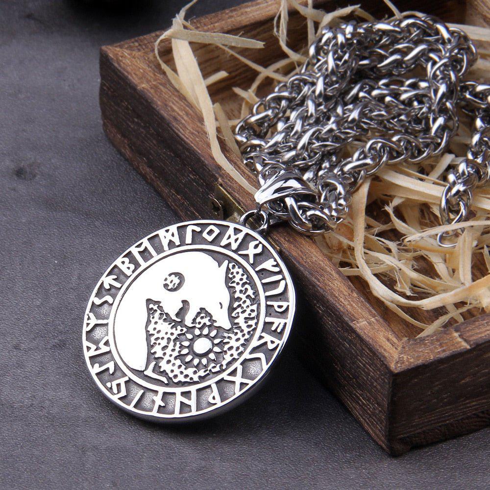 Wolves of Ragnarok Rune Talisman Hati & Skoll Pendant | Steel Norse Jewelry