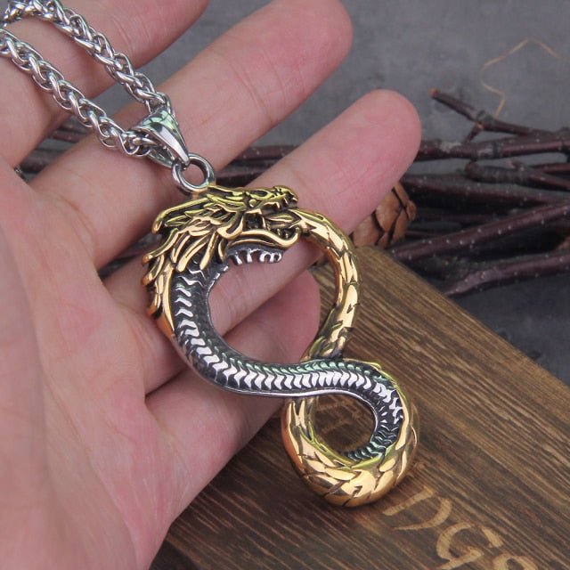 Norse Dragon Necklace - Gold and Silver Jörmungandr Steel Necklace