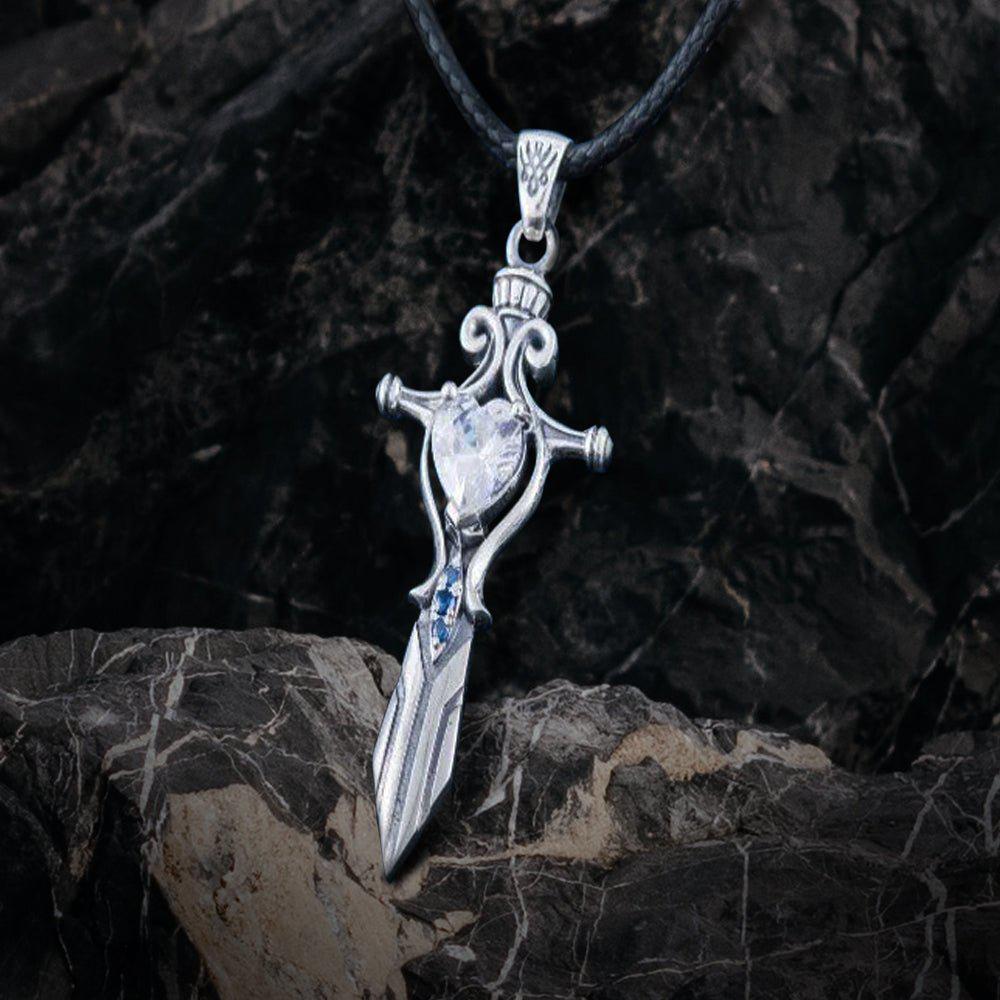 Norse Sword with Cubic Zirconia Pendant Sterling Silver Handmade Necklace