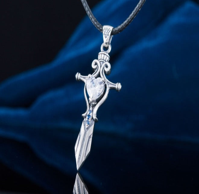 Norse Sword with Cubic Zirconia Pendant Sterling Silver Handmade Necklace