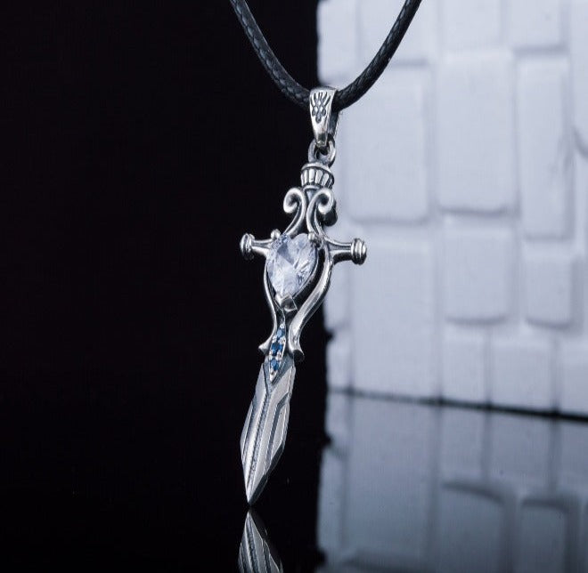 Norse Sword with Cubic Zirconia Pendant Sterling Silver Handmade Necklace