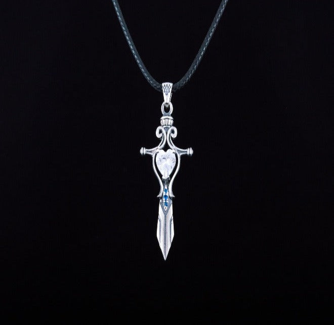 Norse Sword with Cubic Zirconia Pendant Sterling Silver Handmade Necklace