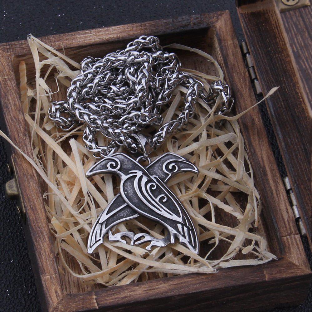 Odin's Ravens Hugin and Munin Raven Totem Pendant Necklace