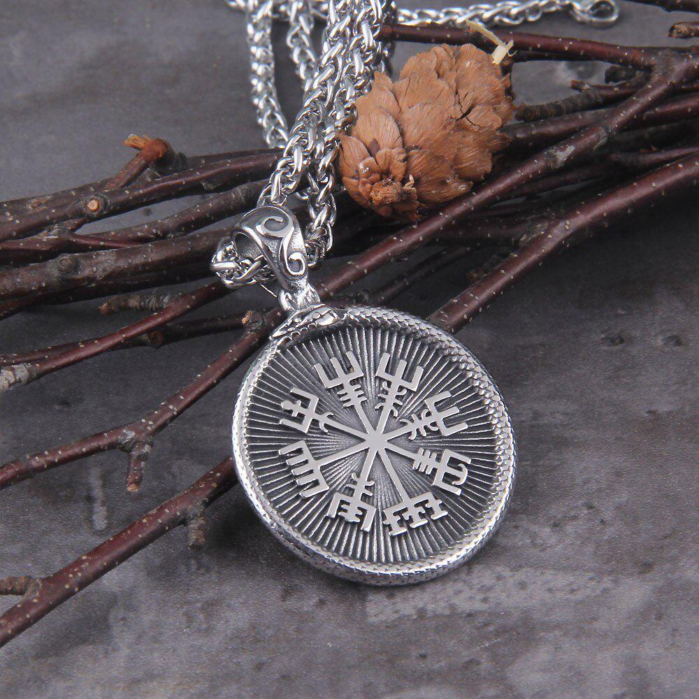 Ouroboros Jormungandr Vegvisir Viking Compass Steel Pendant Necklace