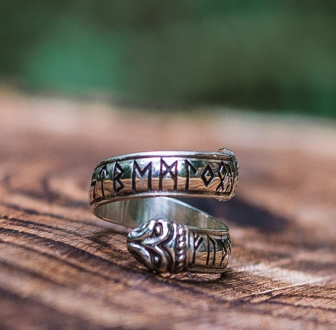 Ouroboros Ring with Elder Futhark Runes Sterling Silver Handmade Viking Ring