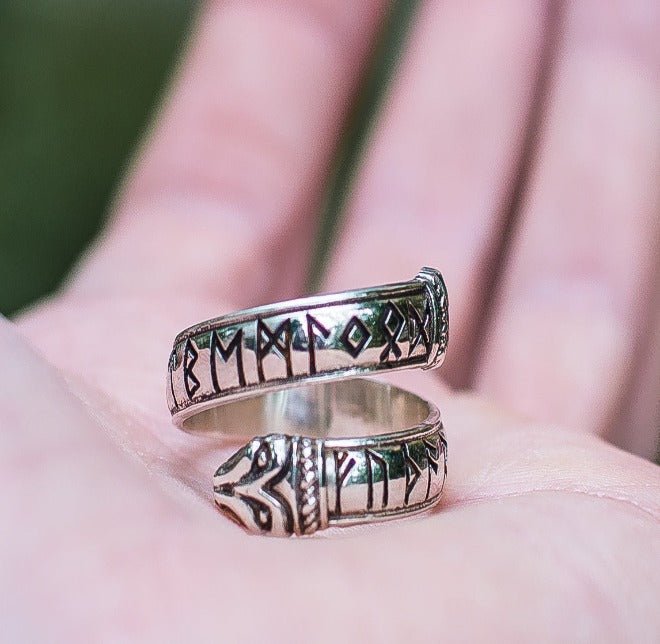 Ouroboros Ring with Elder Futhark Runes Sterling Silver Handmade Viking Ring