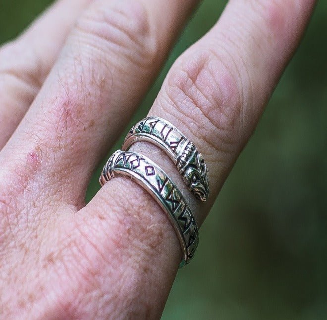 Ouroboros Ring with Elder Futhark Runes Sterling Silver Handmade Viking Ring