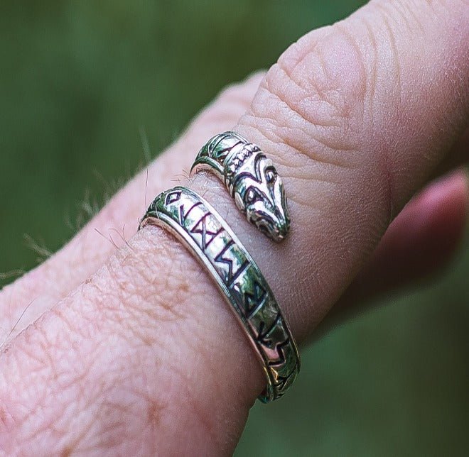 Ouroboros Ring with Elder Futhark Runes Sterling Silver Handmade Viking Ring