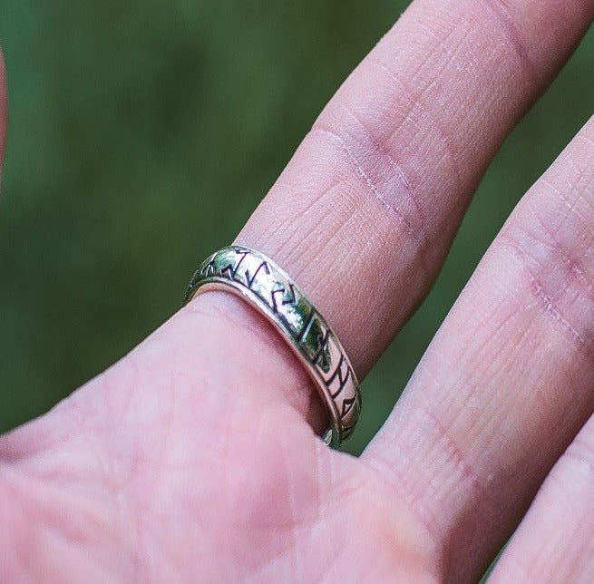 Ouroboros Ring with Elder Futhark Runes Sterling Silver Handmade Viking Ring