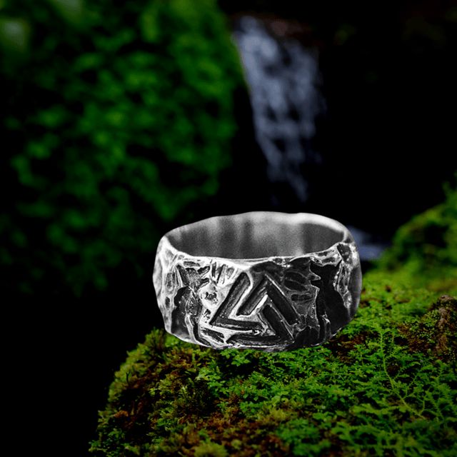 Pagan Viking Valknut and Wolves Hati and Skoll Ring | Stainless Steel