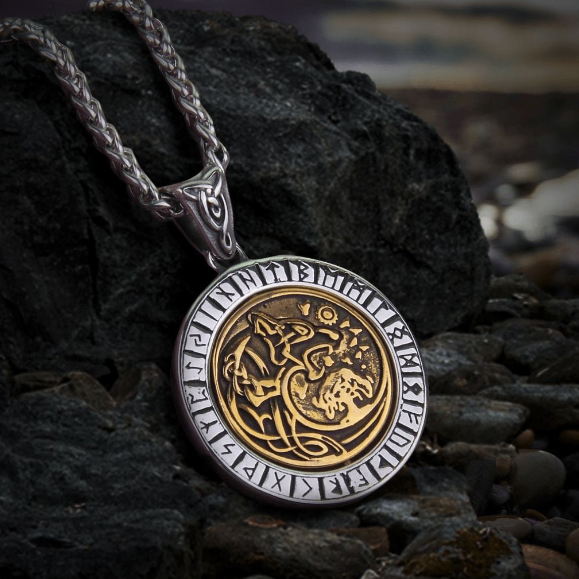 Rotating Fenrir Rune Pendant | Steel Norse Mythology Necklace