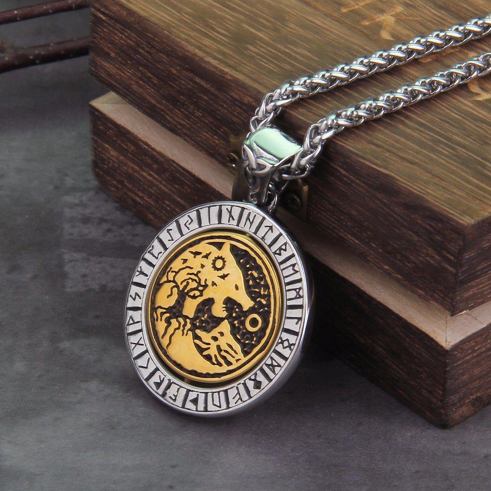 Rotating Fenrir Rune Pendant | Steel Norse Mythology Necklace