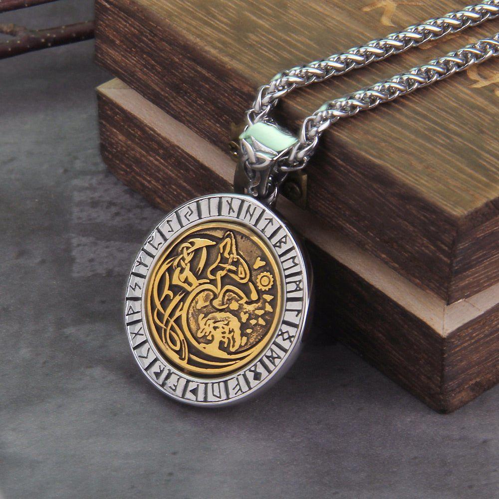 Rotating Fenrir Rune Pendant | Steel Norse Mythology Necklace