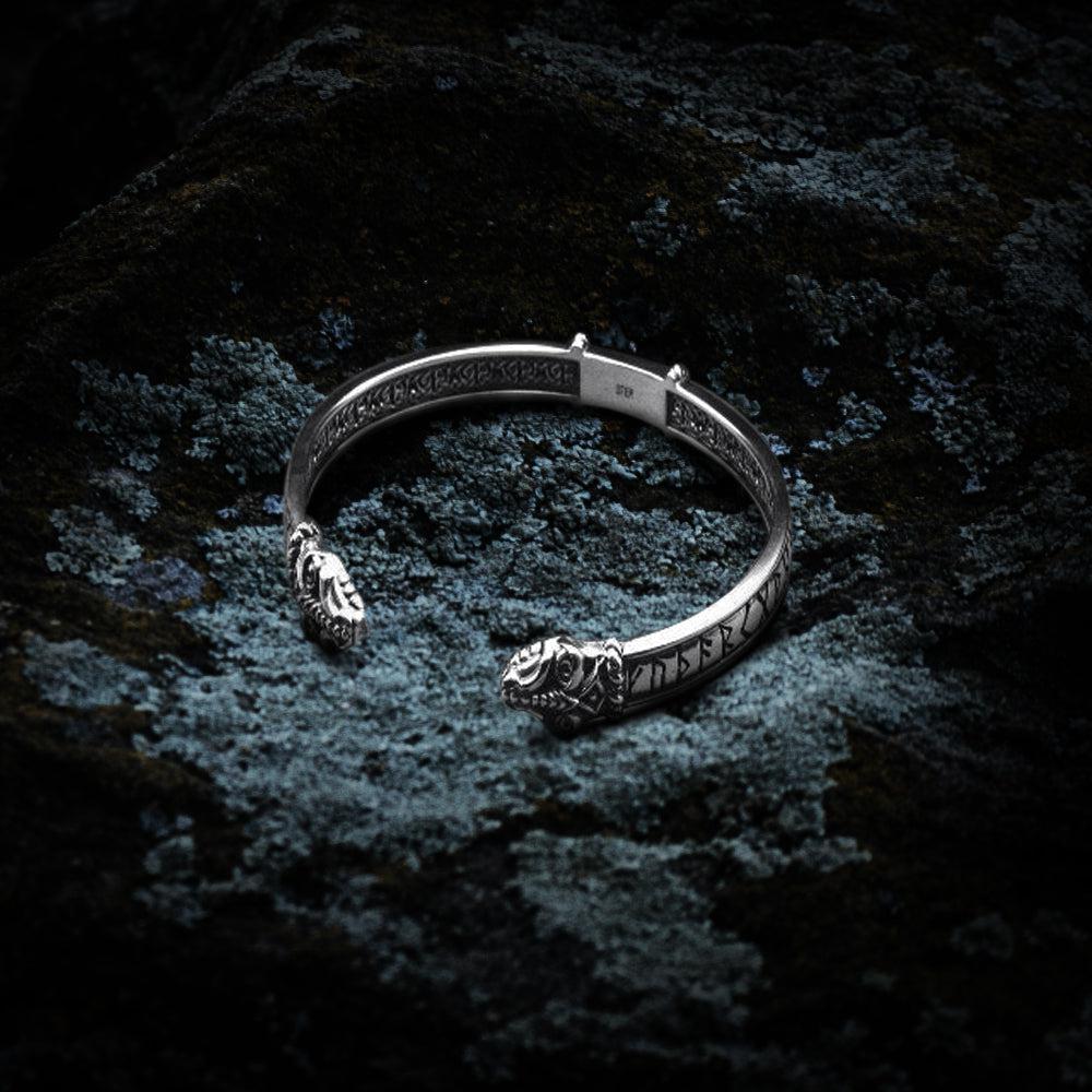 Jormungandr Bracelet | Silver Viking Cuff with Elder Futhark Runes