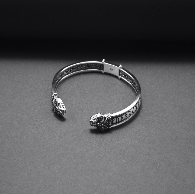 Jormungandr Bracelet | Silver Viking Cuff with Elder Futhark Runes