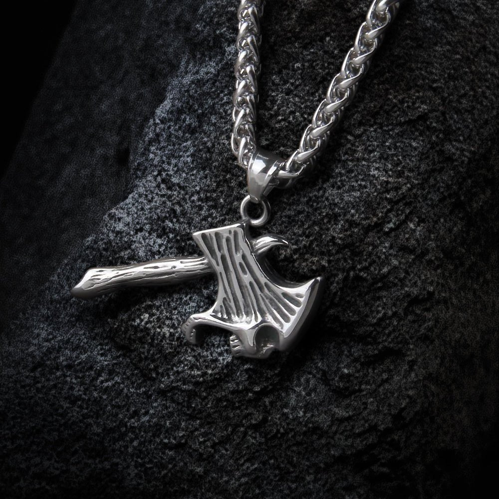 Silver Skull Axe Pendant Viking Necklace