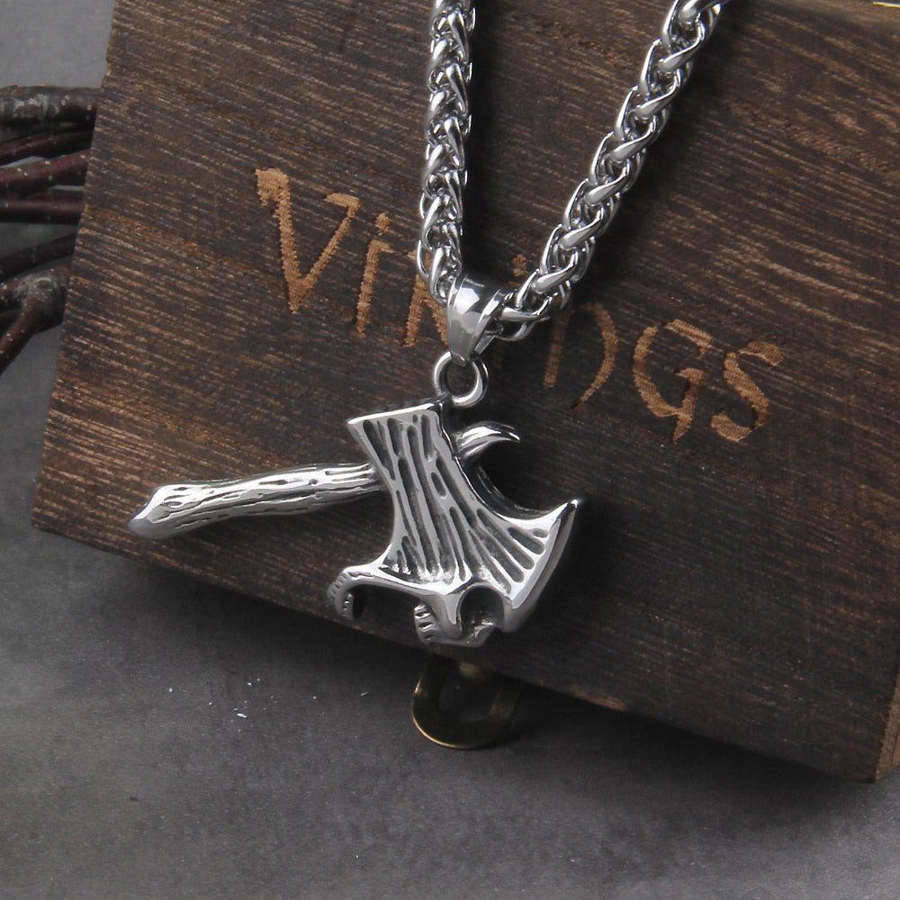 Silver Skull Axe Pendant Viking Necklace