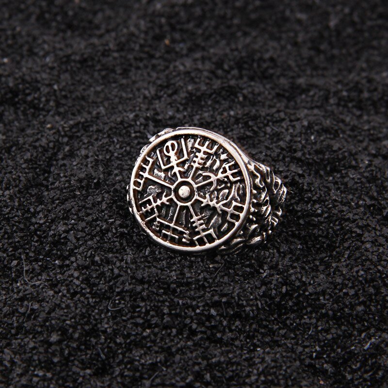 Silver Viking Compass Vegvisir Rune Shield Ring