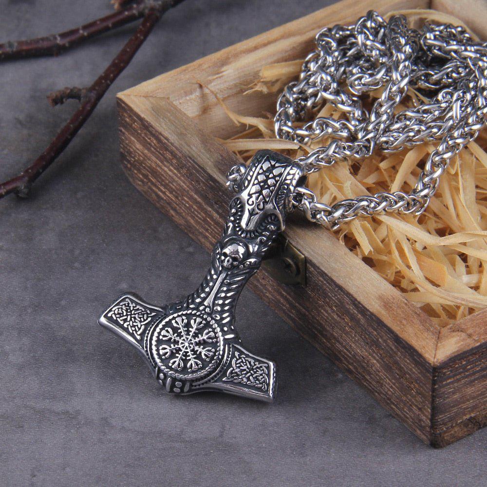 Skull Thor's Hammer Mjolnir with Helm of Awe Seal Pendant Necklace