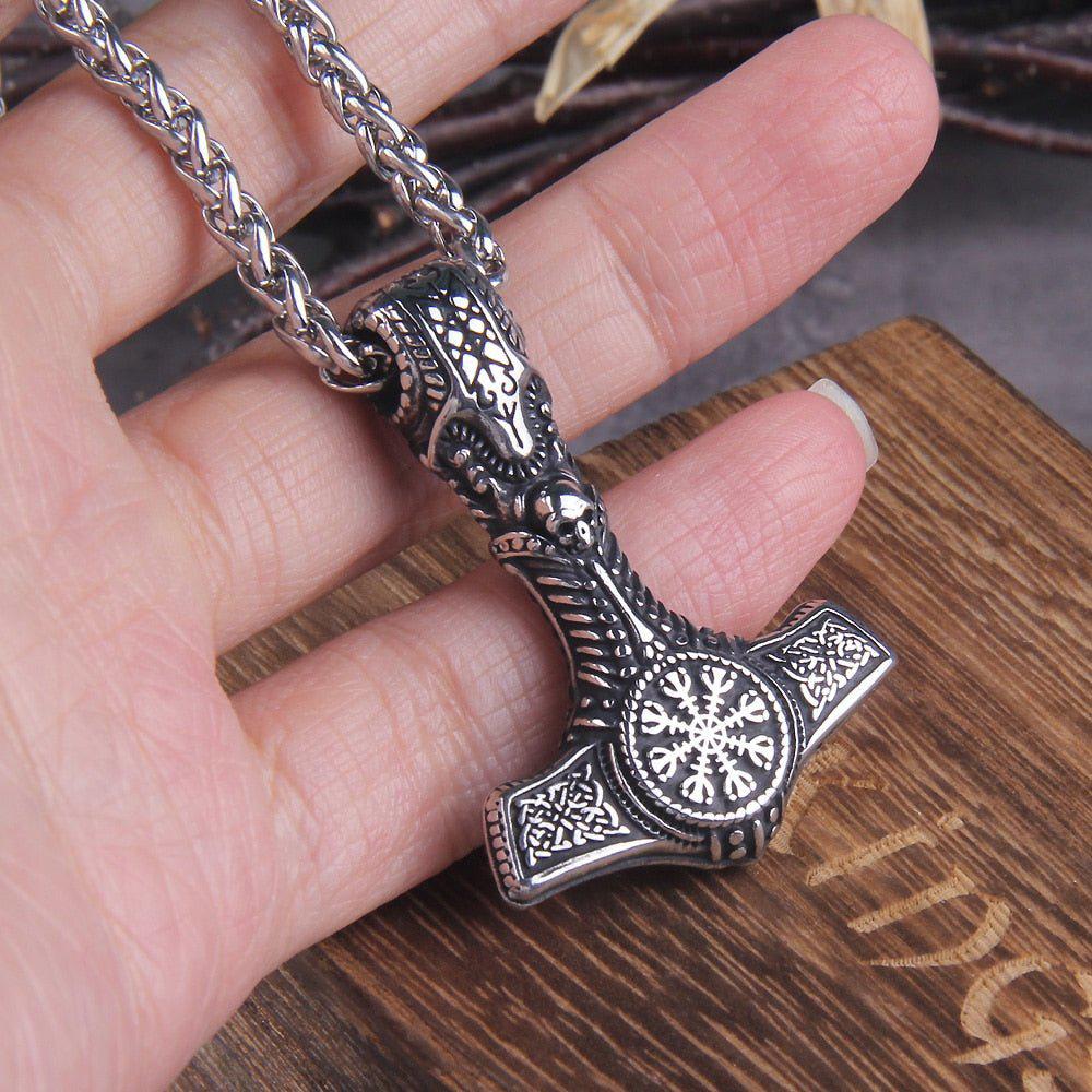 Skull Thor's Hammer Mjolnir with Helm of Awe Seal Pendant Necklace