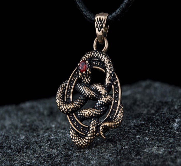 Norse Runes Snake Pendant | Bronze Necklace with Red Cubic Zirconia