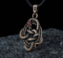 Load image into Gallery viewer, Norse Runes Snake Pendant | Bronze Necklace with Red Cubic Zirconia

