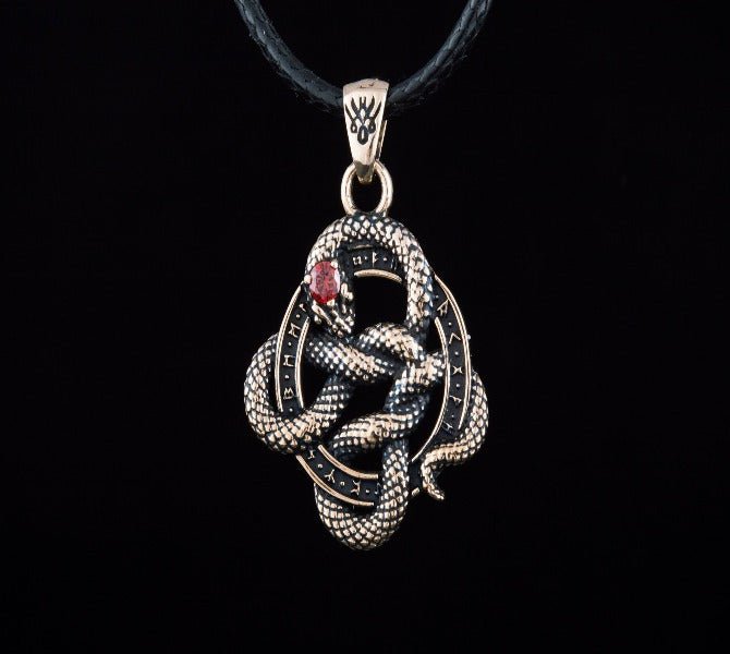 Norse Runes Snake Pendant | Bronze Necklace with Red Cubic Zirconia