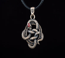 Load image into Gallery viewer, Norse Runes Snake Pendant | Bronze Necklace with Red Cubic Zirconia
