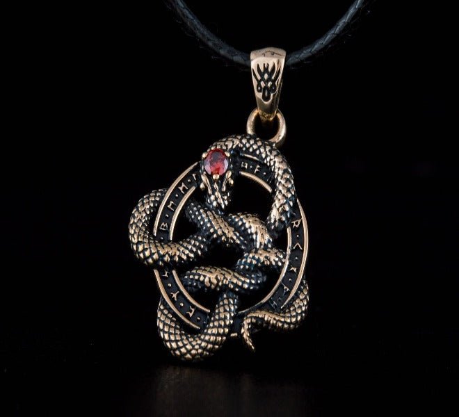 Norse Runes Snake Pendant | Bronze Necklace with Red Cubic Zirconia