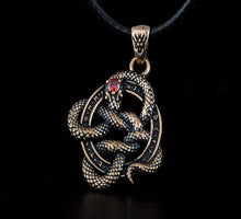Load image into Gallery viewer, Norse Runes Snake Pendant | Bronze Necklace with Red Cubic Zirconia
