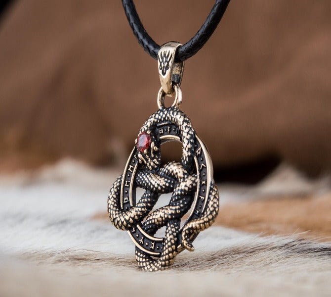 Norse Runes Snake Pendant | Bronze Necklace with Red Cubic Zirconia