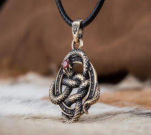 Load image into Gallery viewer, Norse Runes Snake Pendant | Bronze Necklace with Red Cubic Zirconia
