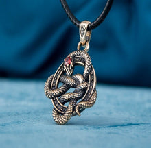 Load image into Gallery viewer, Norse Runes Snake Pendant | Bronze Necklace with Red Cubic Zirconia
