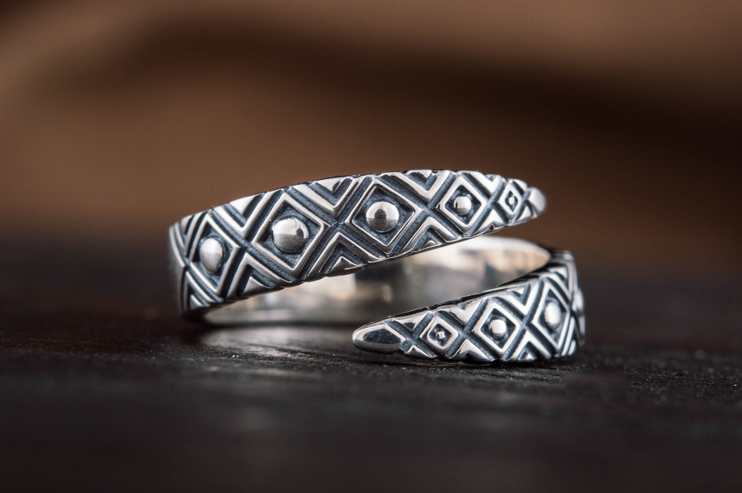 Snake Style Ring with Geometry Ornament Sterling Silver Ring