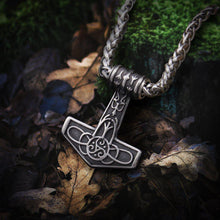 Load image into Gallery viewer, Steel and Gold Delicate Triskele Knotwork Thor&#39;s Hammer Mjolnir Necklace
