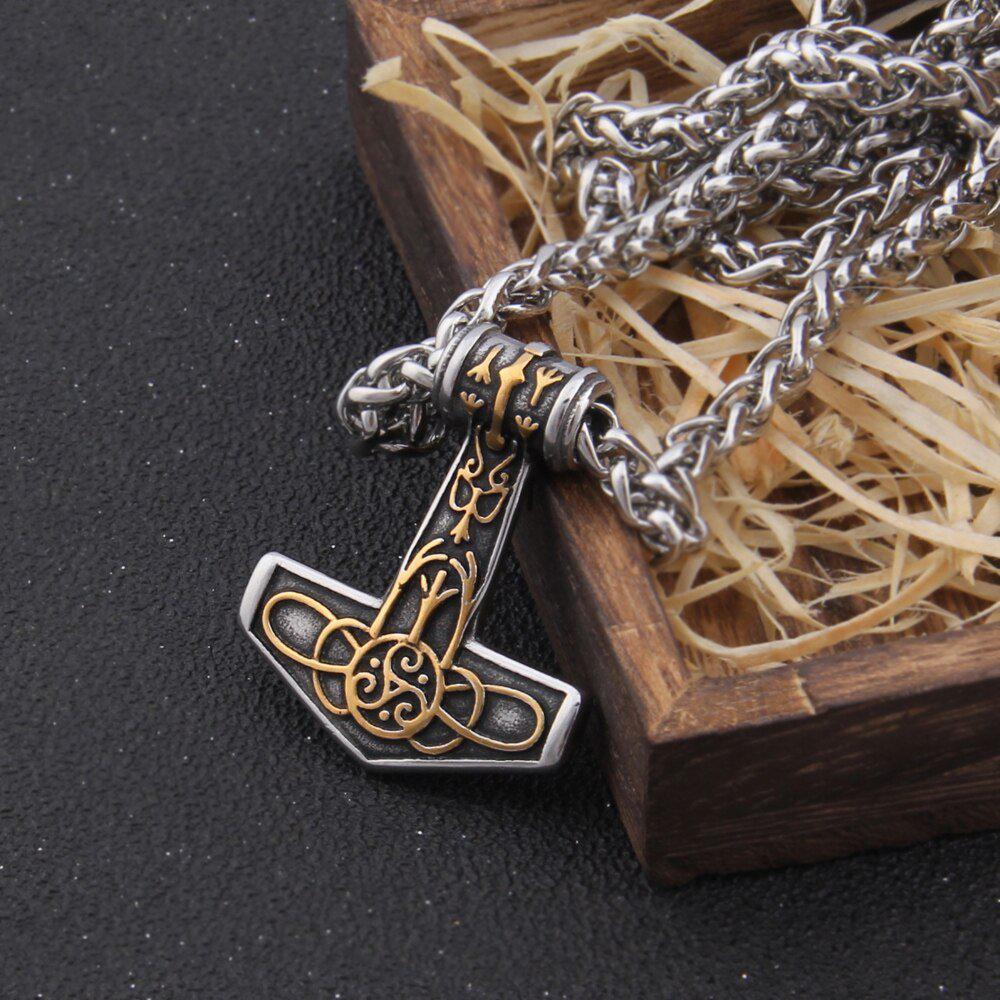 Steel and Gold Delicate Triskele Knotwork Thor's Hammer Mjolnir Necklace