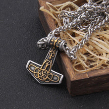 Load image into Gallery viewer, Steel and Gold Delicate Triskele Knotwork Thor&#39;s Hammer Mjolnir Necklace
