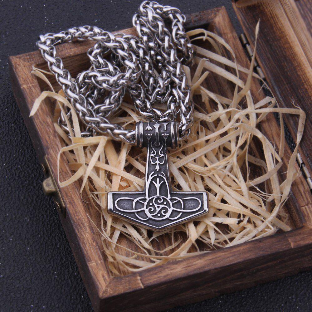 Steel and Gold Delicate Triskele Knotwork Thor's Hammer Mjolnir Necklace