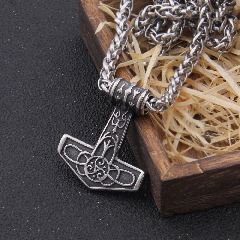 Steel and Gold Delicate Triskele Knotwork Thor's Hammer Mjolnir Necklace