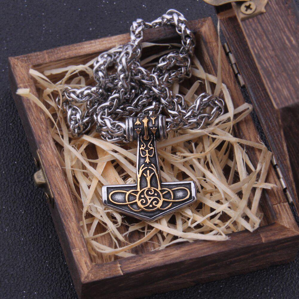 Steel and Gold Delicate Triskele Knotwork Thor's Hammer Mjolnir Necklace