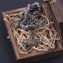 Load image into Gallery viewer, Steel and Gold Delicate Triskele Knotwork Thor&#39;s Hammer Mjolnir Necklace
