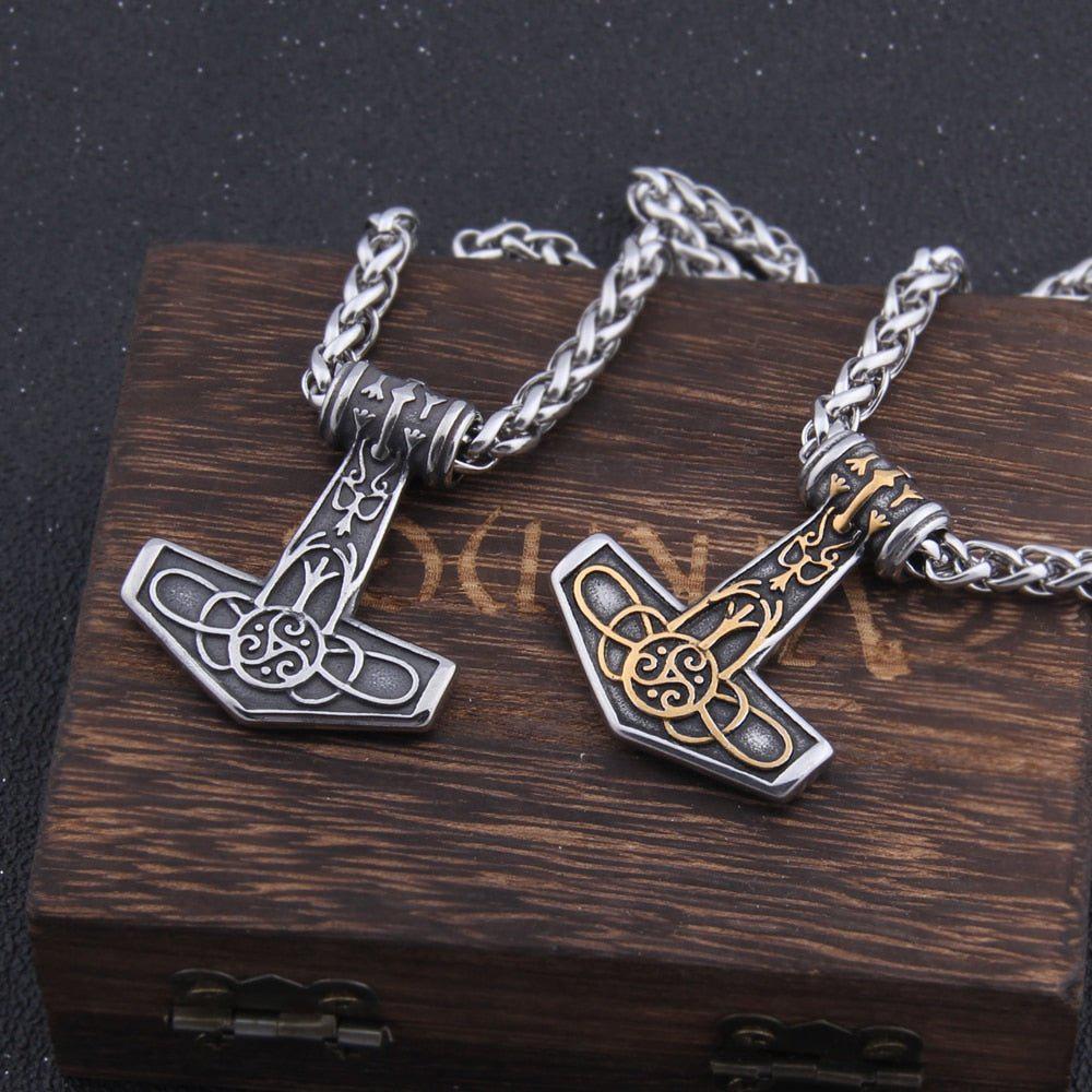 Steel and Gold Delicate Triskele Knotwork Thor's Hammer Mjolnir Necklace